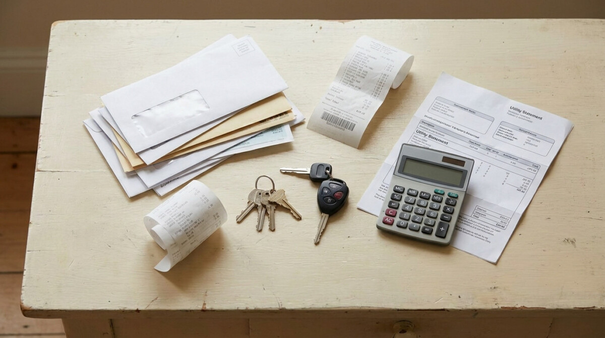 Household bills, receipts and keys representing the needs category of the 50/30/20 budget rule