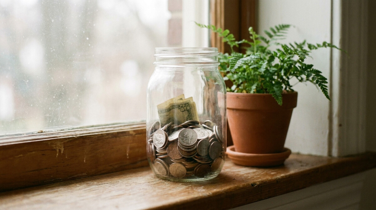 Savings jar with coins representing the 20% savings bucket of the 50/30/20 budget rule