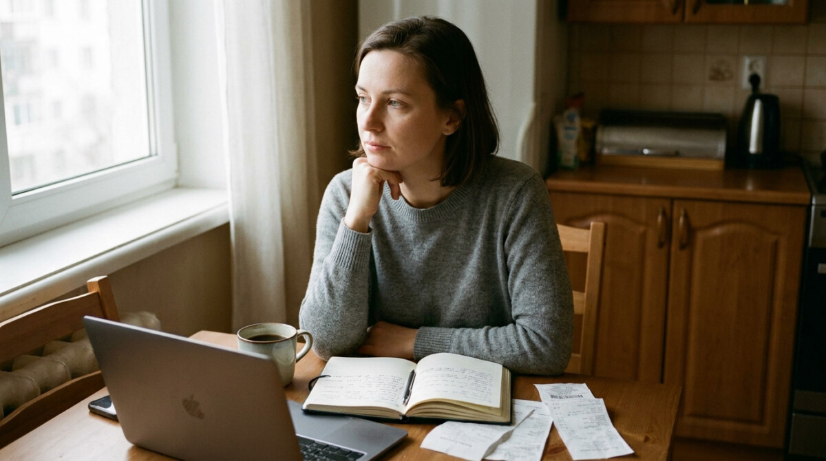 Person at a kitchen table applying the 50/30/20 budget rule with a notebook, laptop and receipts