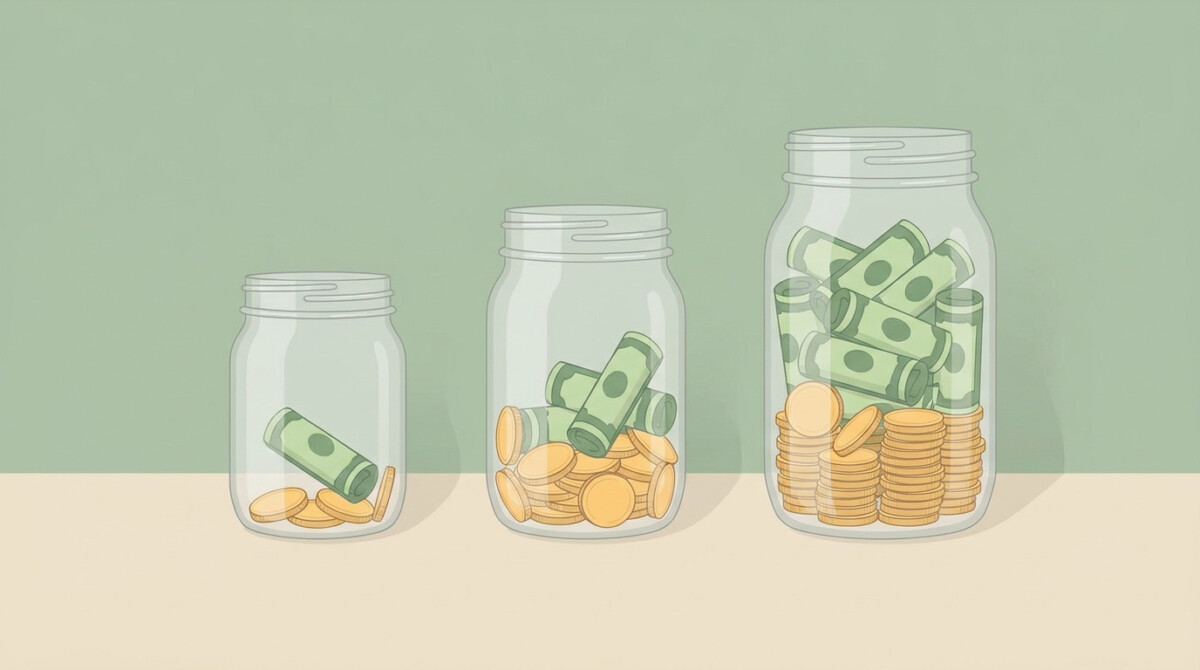 emergency fund progression from one month to six months shown in three jars