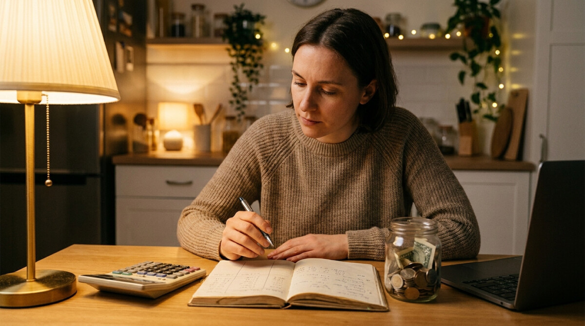 emergency fund savings jar with calculator on a kitchen table