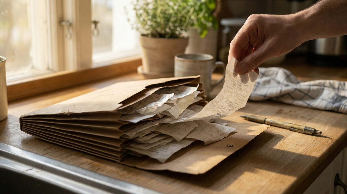 Paper receipt folder used to track spending without an app