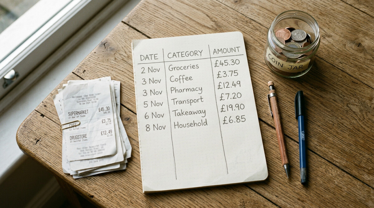 Hand-ruled spending tracker page used to track spending without an app