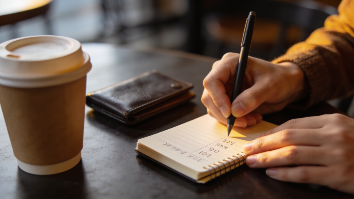 Small notebook used to track spending without an app while out at a cafe