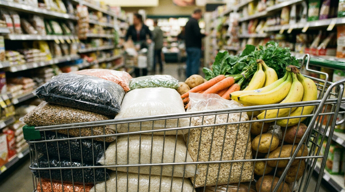 Grocery cart filled with affordable staples chosen to save money on groceries
