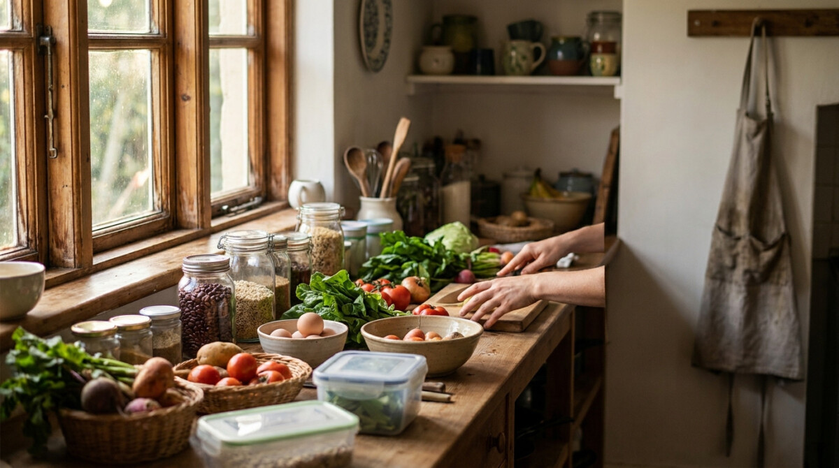 Meal-mapping fresh groceries on a kitchen counter to save money on groceries each week