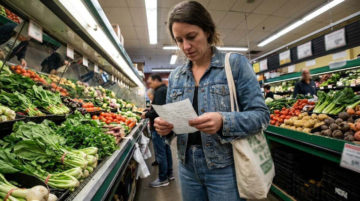 Shopper comparing options in the produce aisle while trying to save money on groceries