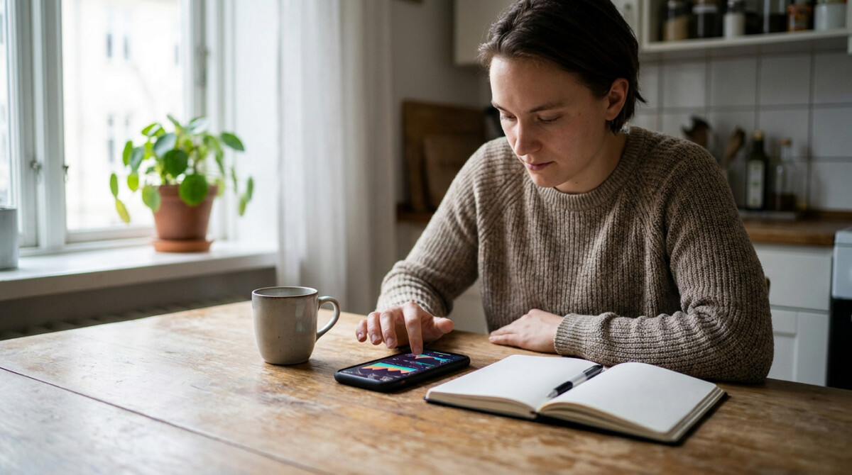Person checking a free budgeting app on their phone at the kitchen table