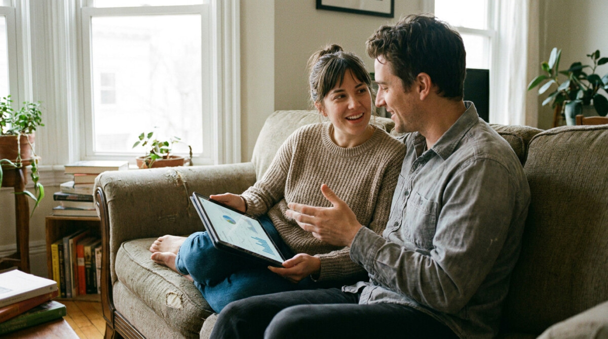 A couple reviewing their free budgeting app together on a tablet