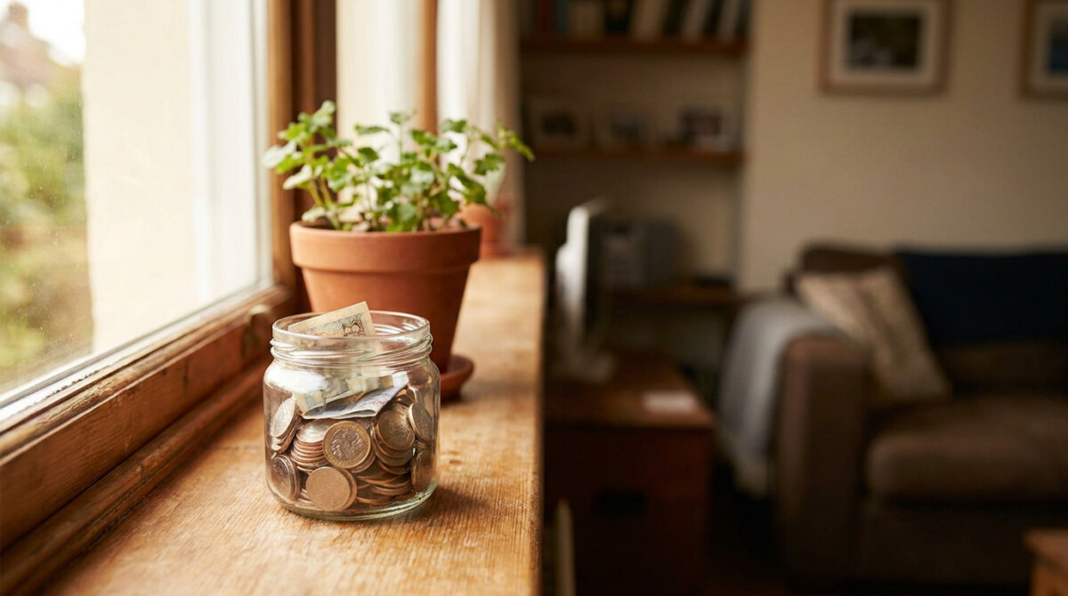 Coin jar savings from a repeat subscription audit on a sunny windowsill