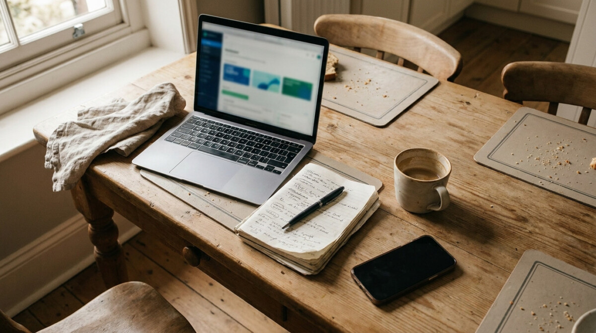 Laptop, notebook, and coffee on a kitchen table during a subscription audit