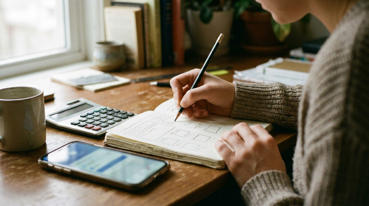 Hands writing a subscription audit checklist next to a calculator and phone