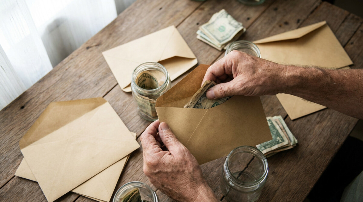 Hands sorting cash into envelopes for a sinking fund budgeting system