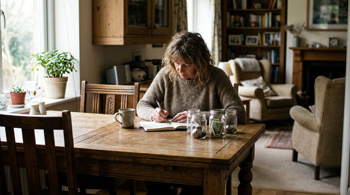 Woman planning her monthly sinking fund budget at a kitchen table