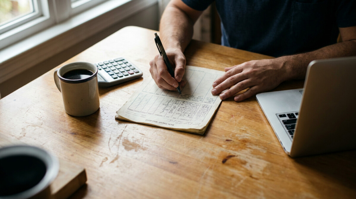 Person planning a debt snowball vs debt avalanche payoff strategy with a worksheet and calculator