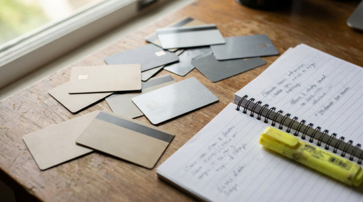 Credit cards and a highlighter used to compare interest rates for the debt avalanche method