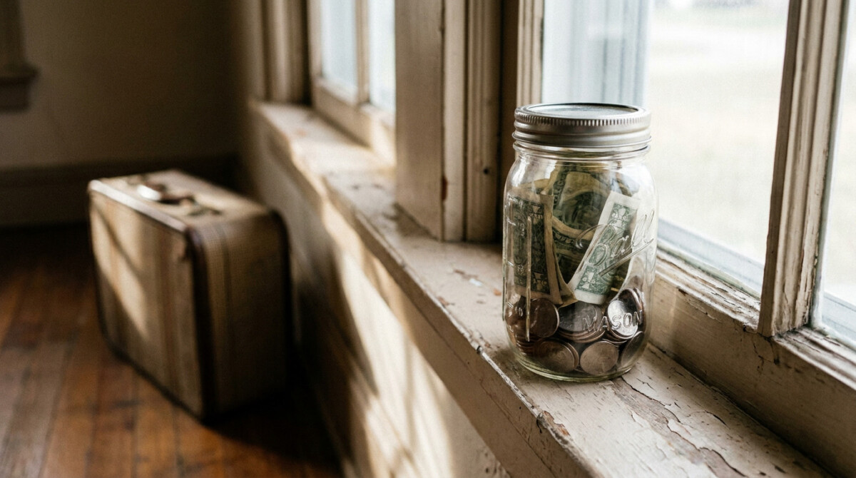 Cash and coins in a glass jar representing vacation savings without debt