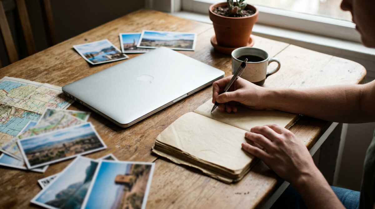 Person planning a vacation savings budget in a notebook at the kitchen table