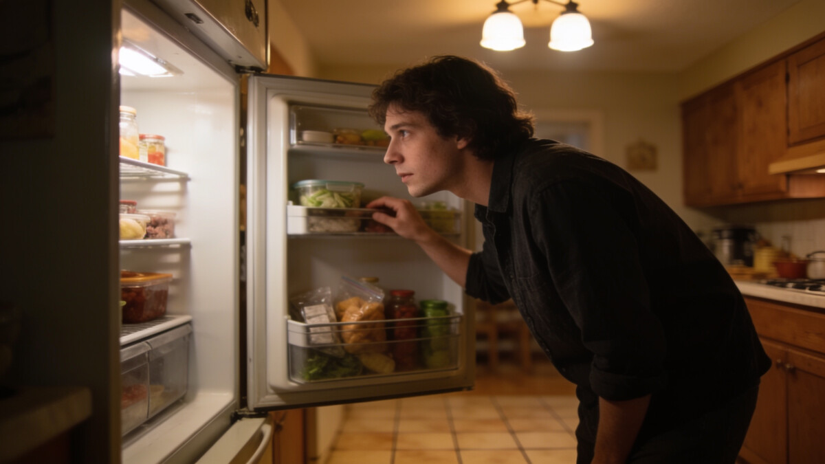 Checking the refrigerator before shopping to save money on groceries and avoid food waste