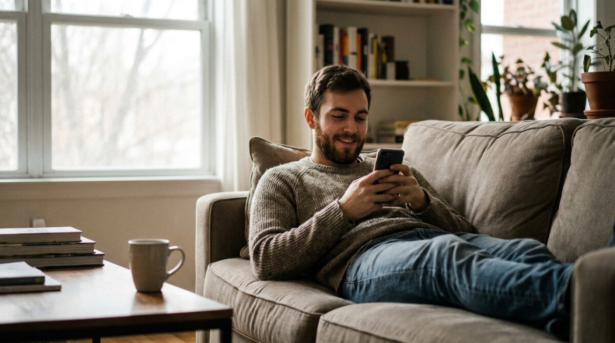 Person relaxed on a couch checking phone after choosing to automate your savings