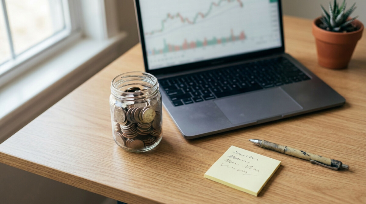Coin jar and budget planner on a desk representing an automate your savings system