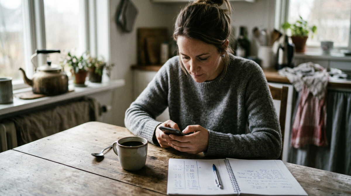 Woman setting up automatic transfer on banking app to automate your savings at kitchen table