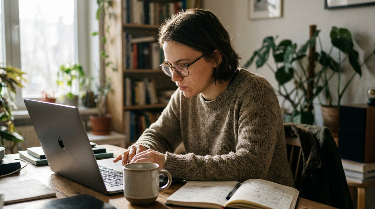 Freelancer working at home desk trying to land first freelance client