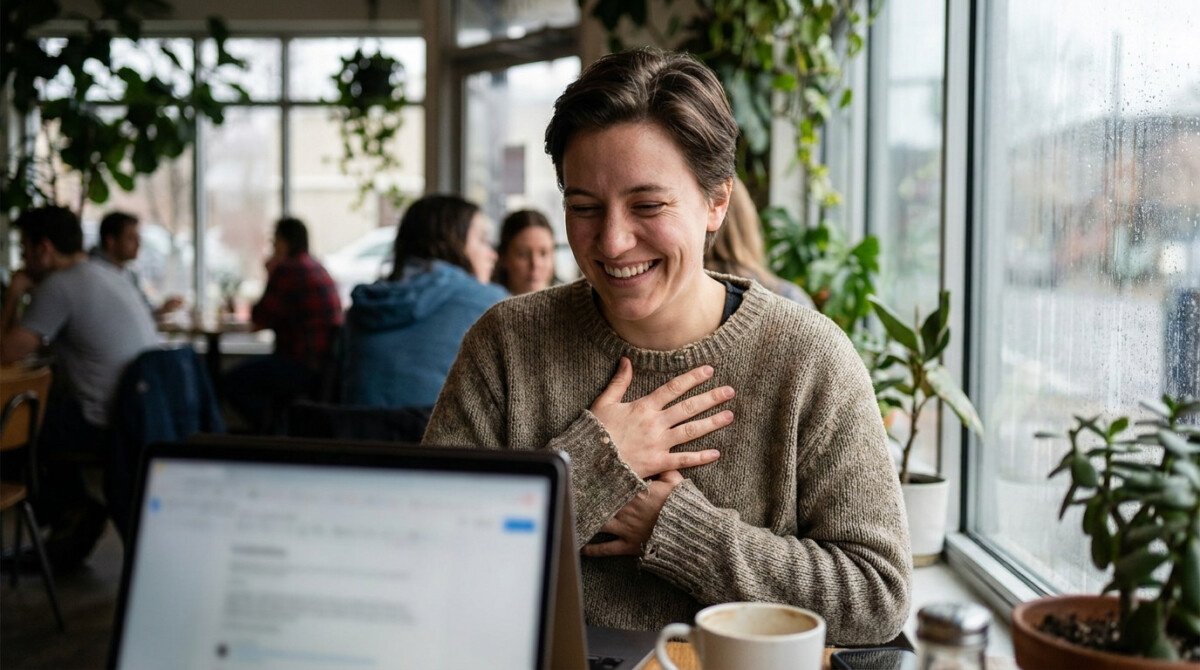 Freelancer relieved after landing first freelance client in a coffee shop