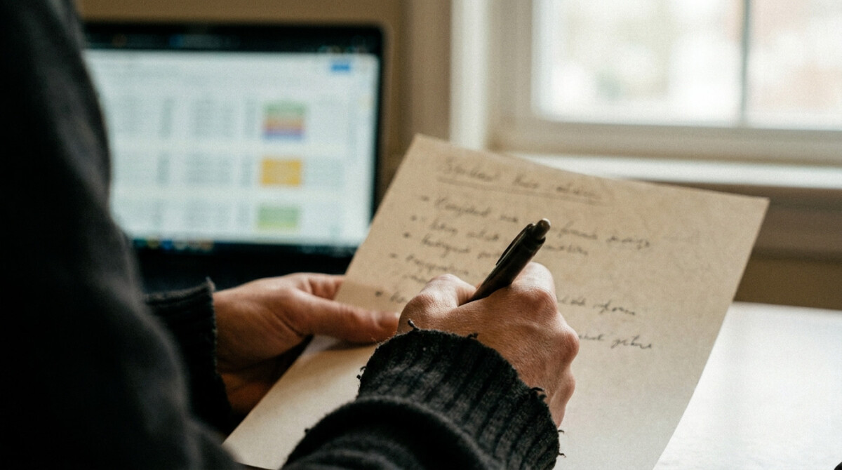 Person preparing handwritten notes and research before deciding to negotiate a raise