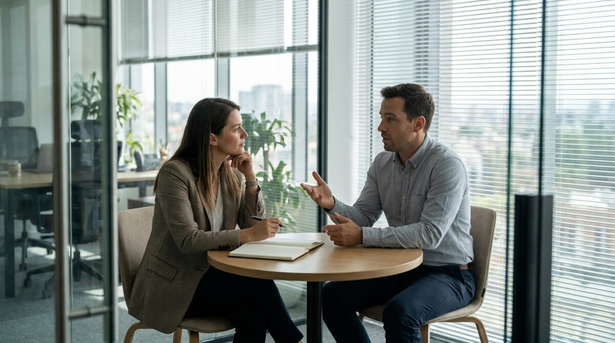 Two colleagues in a meeting room during a raise negotiation conversation