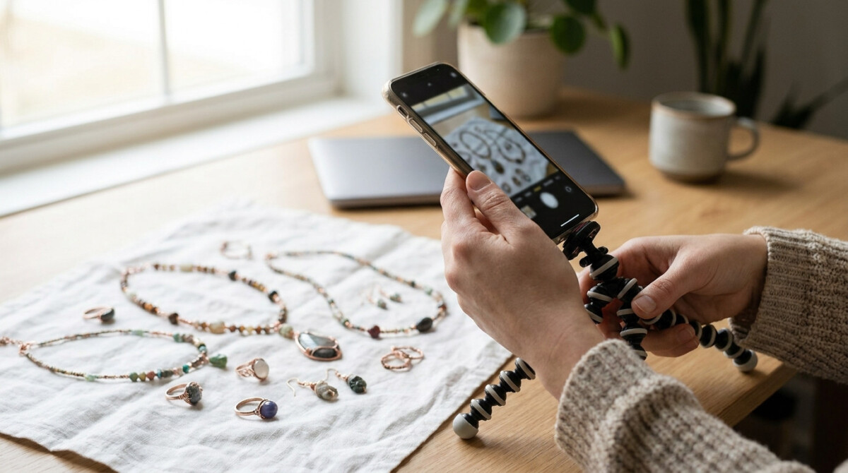 Photographing handmade jewelry with a smartphone to sell online for side income
