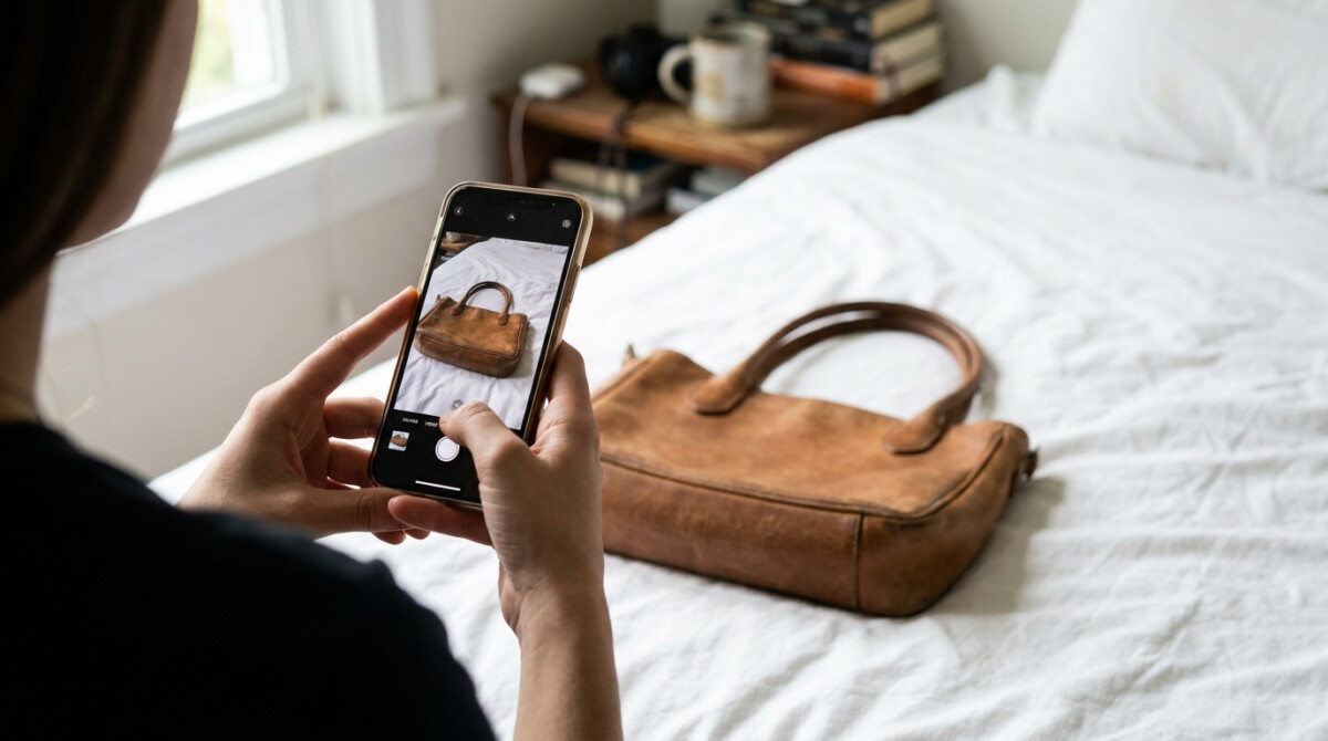 Photographing an item on a white backdrop to sell unused items online