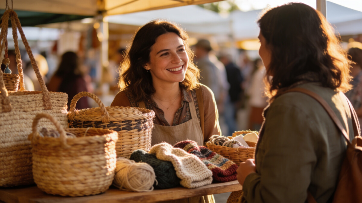 Selling handmade goods at a local market after turning a hobby into a side income