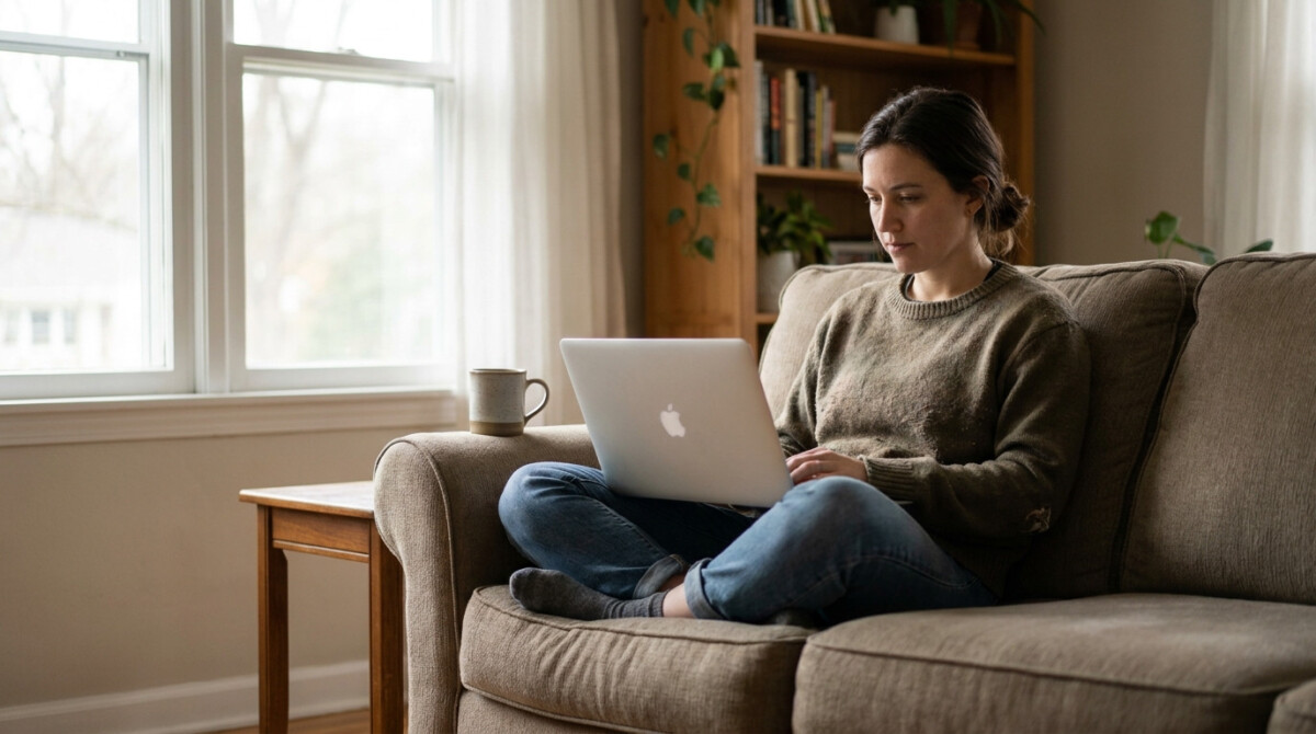 relaxed person on a couch reviewing remote job boards on a laptop