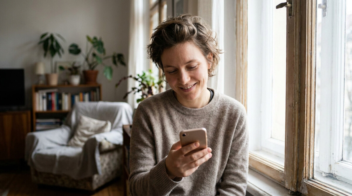 satisfied person checking phone after applying through remote job boards