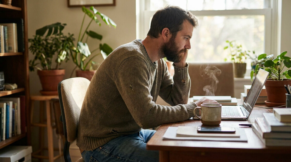 person checking remote job boards on a laptop in a sunlit home office
