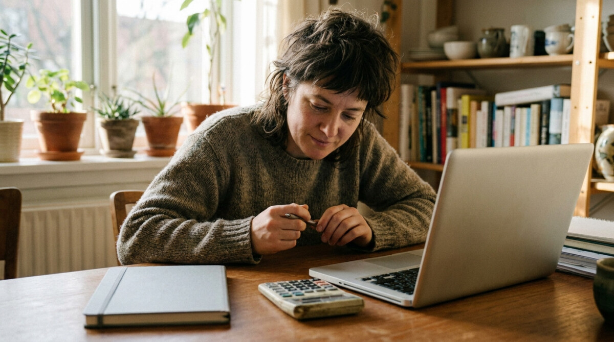 Freelancer calculating freelance rates at a home office desk