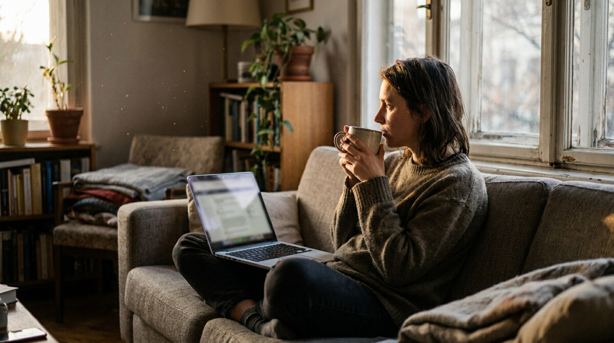 Freelancer reviewing freelance rates and monthly budget on a couch