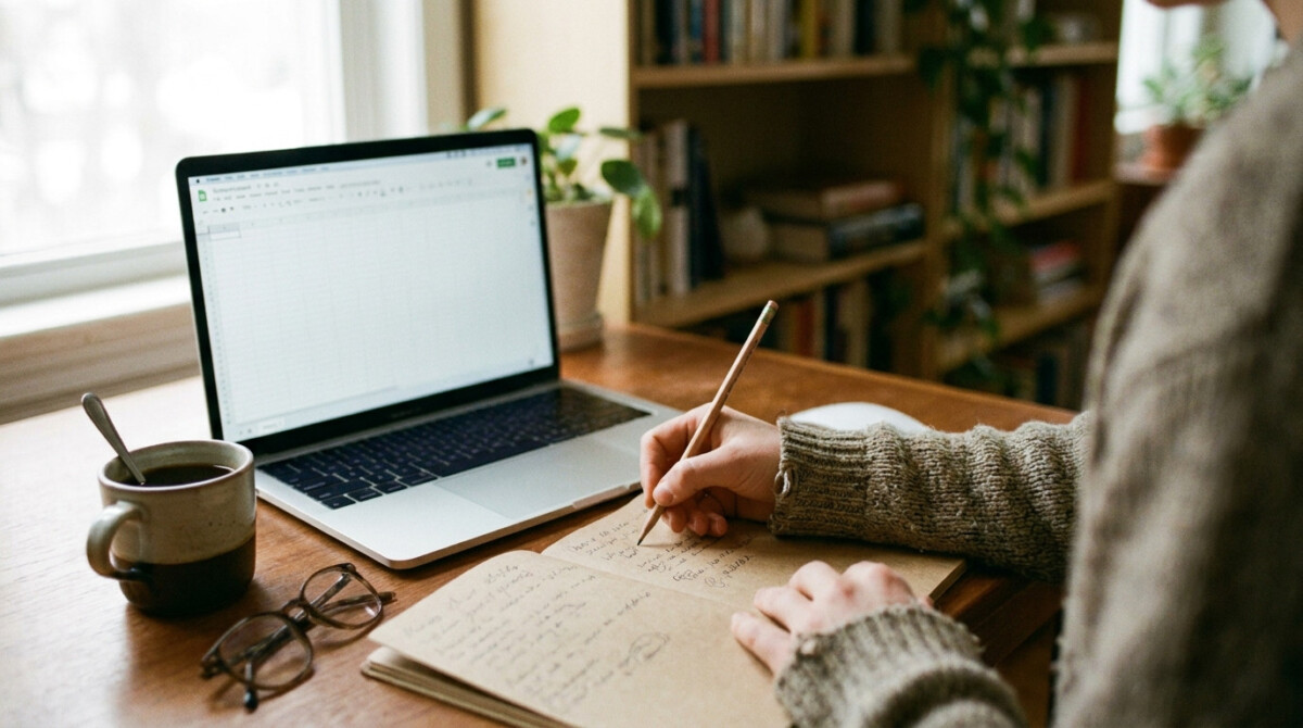 Notebook and laptop used to plan freelance rates and track hours