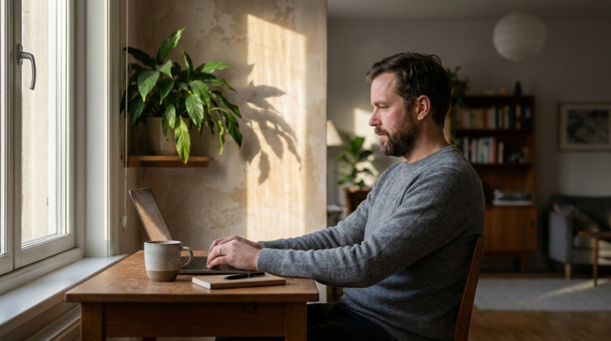 Man calmly working on a second income stream in morning light
