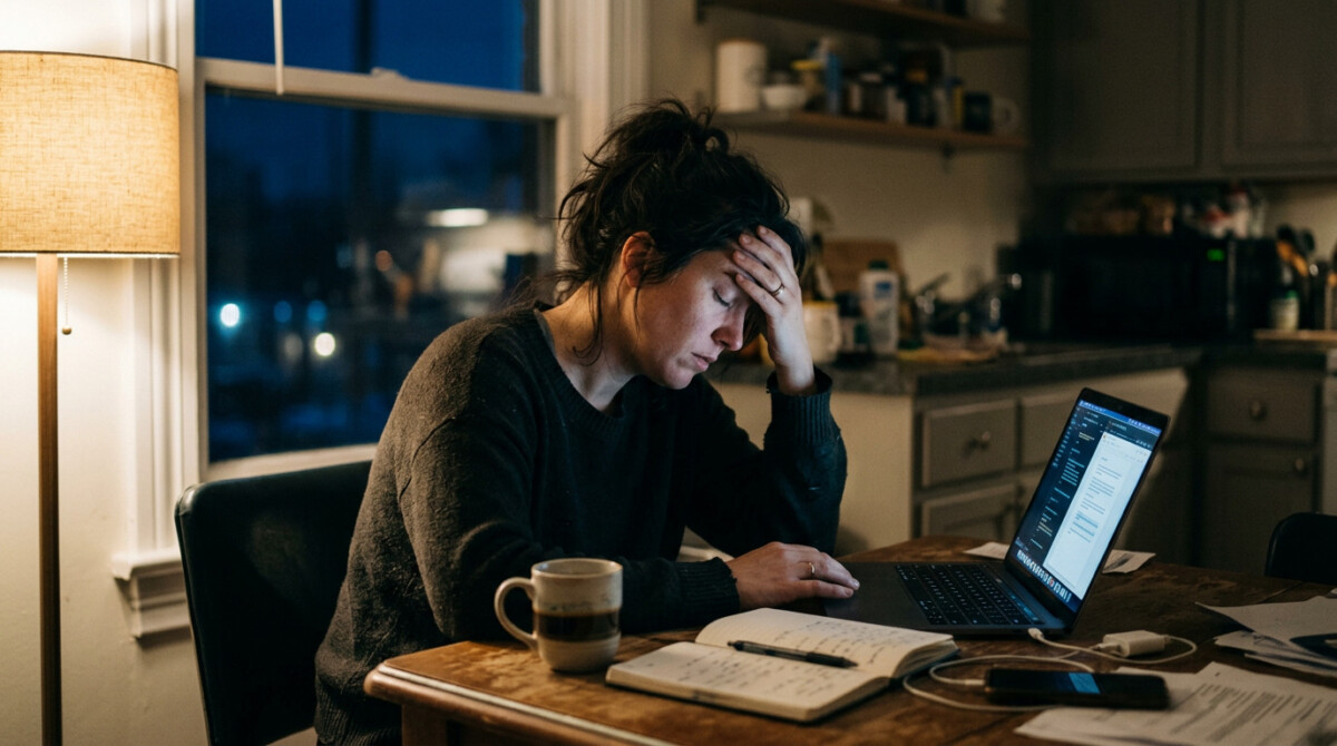 Woman feeling burned out at night while working on a second income stream