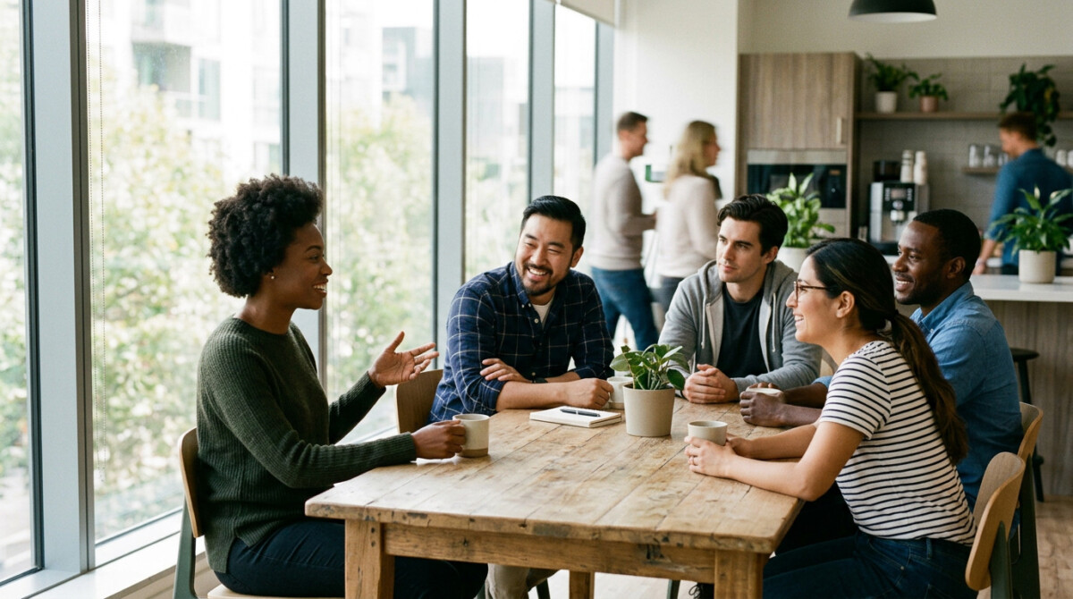 coworkers discussing 401k retirement benefits in modern office break room