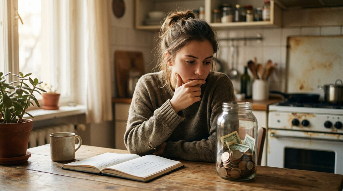 compound interest savings jar with coins and handwritten budget notebook on kitchen table