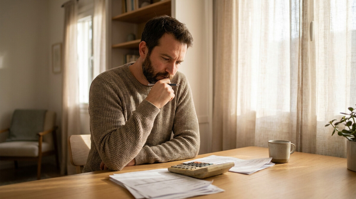 compound interest planning man reviewing financial papers at home office desk with calculator