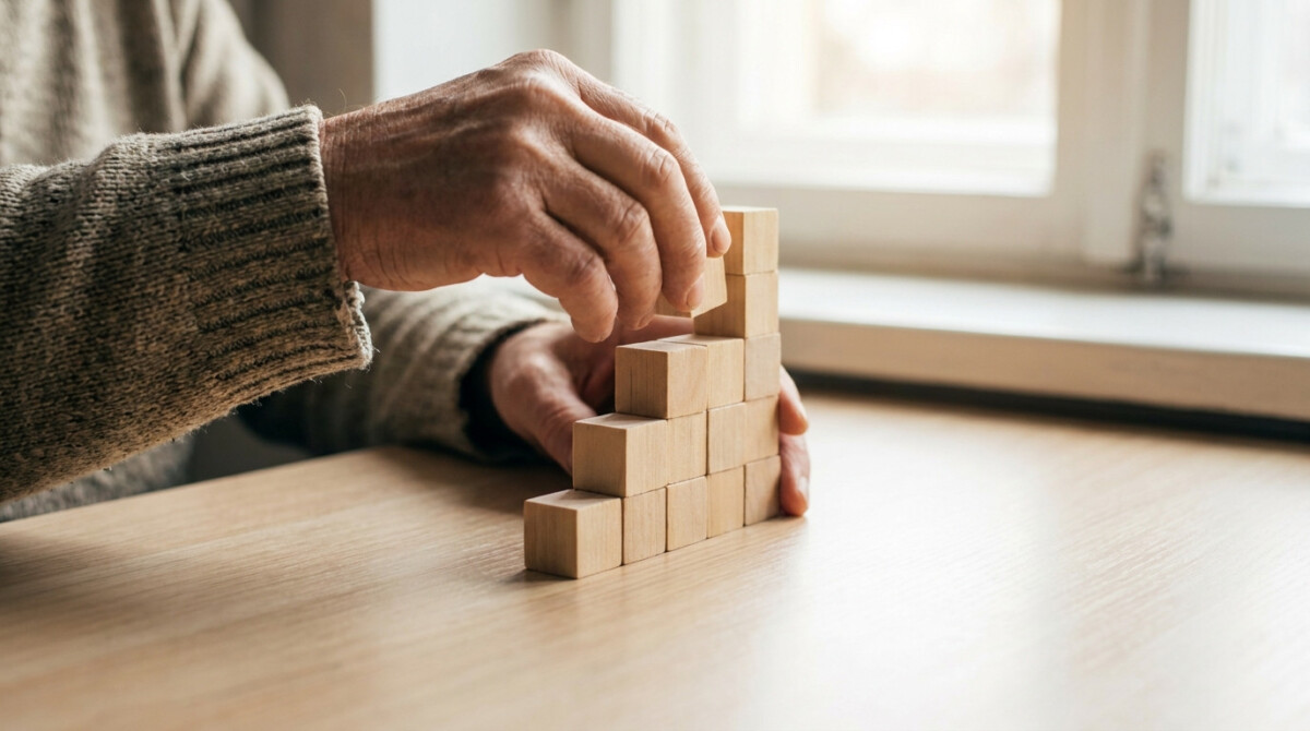 index funds vs individual stocks wooden blocks arranged as staircase showing long term wealth building steps