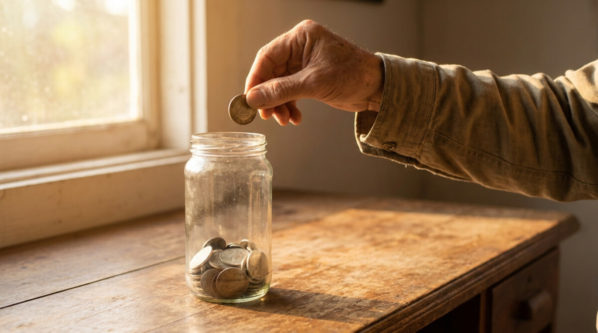 how much should you invest as a beginner hand placing coin into glass jar on wooden desk