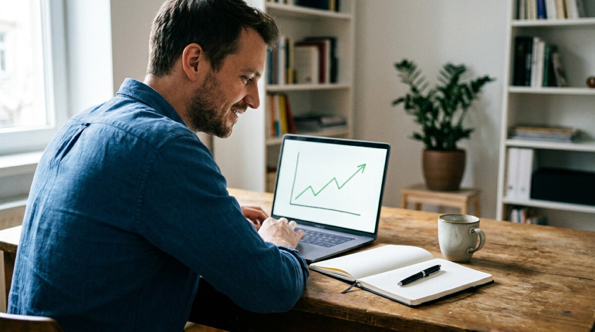 how much should you invest as a beginner man reviewing upward trending investment chart on laptop at home office