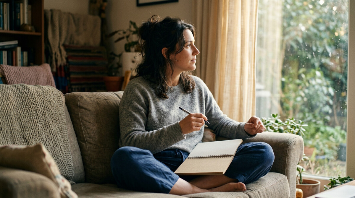 understanding risk tolerance investor woman sitting on couch with notebook reflecting on personal financial goals
