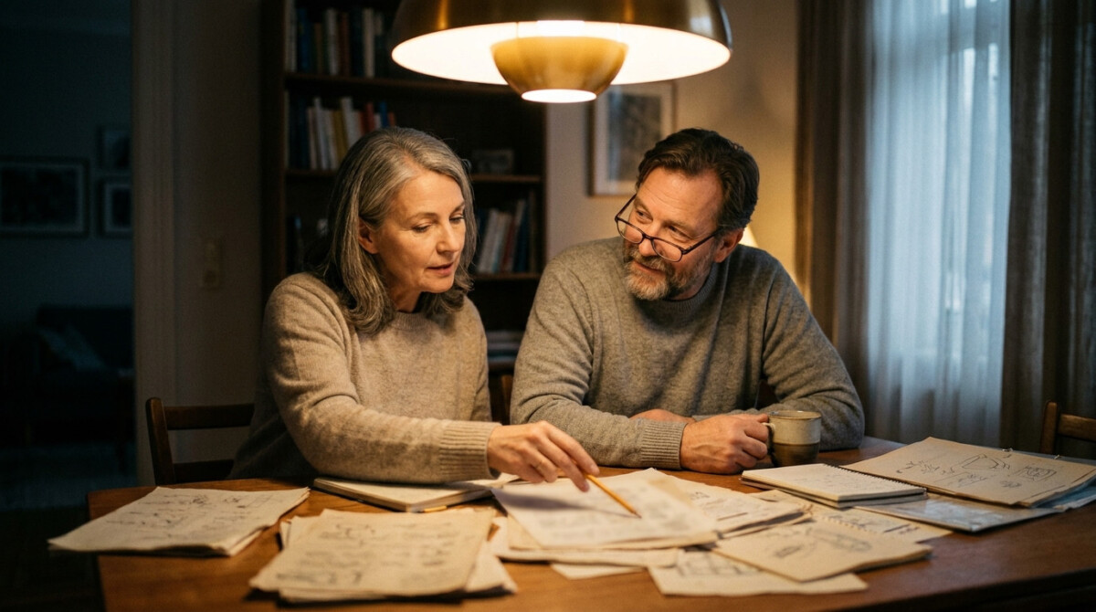 understanding risk tolerance couple reviewing financial documents together at dining table discussing investment strategy