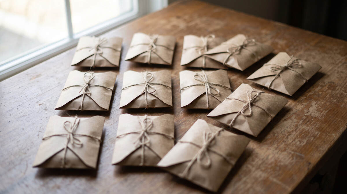dollar-cost averaging twelve small envelopes arranged in calendar grid on wooden table representing monthly investment schedule
